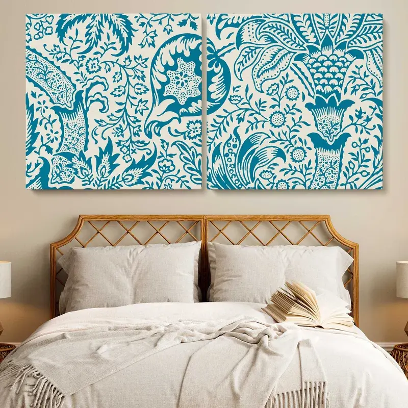 Blue and cream Indian Floral panoramic wall art above a bed