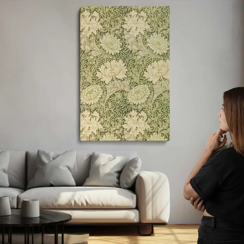 Chrysanthemum portrait canvas in a light, neutral sitting room