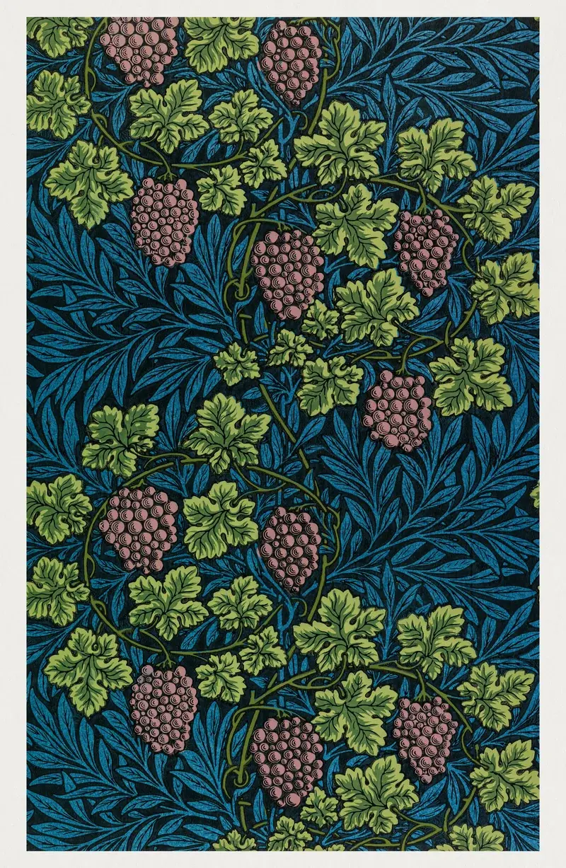 Vine pattern with deep blue ground, green leaves and grape clusters