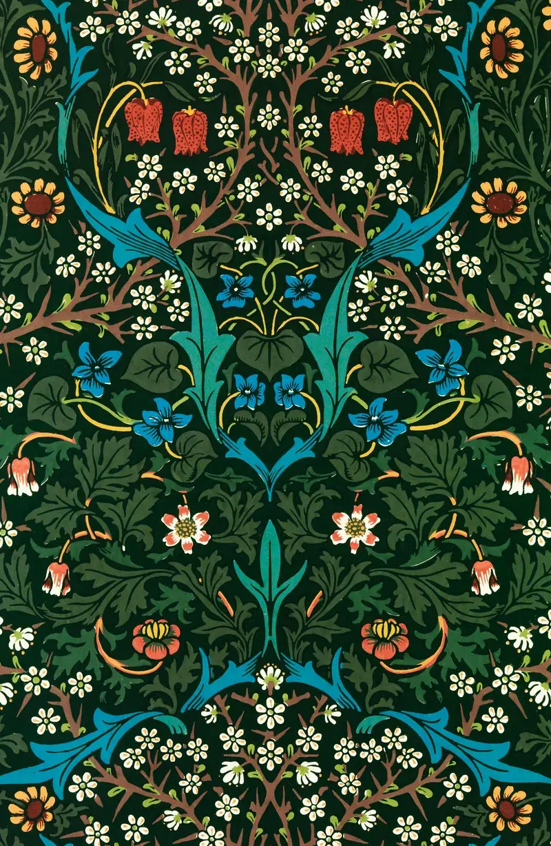 Tulip design with green foliage and red and blue flowers