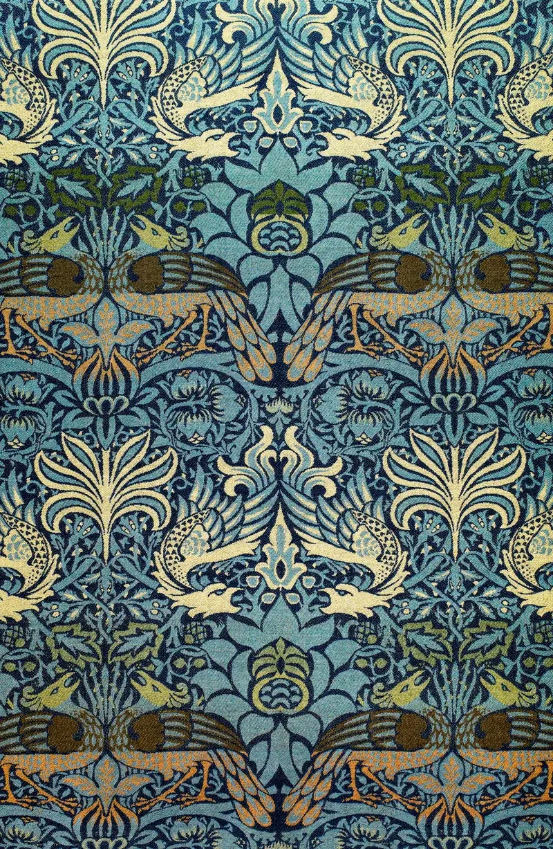 Peacock and Dragon decorative pattern in blue and gold