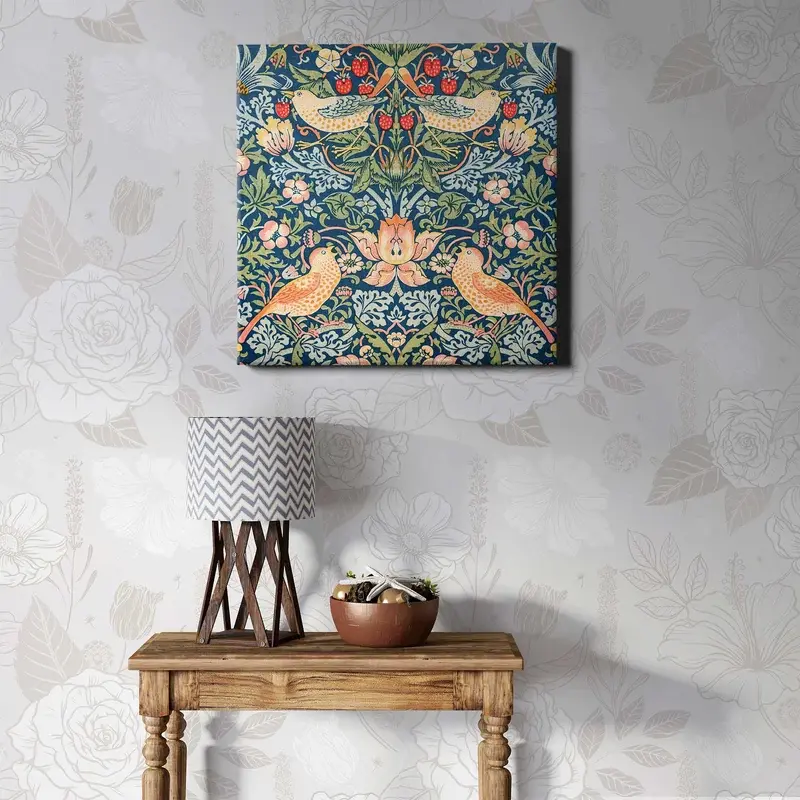 Strawberry Thief canvas shown above a console table