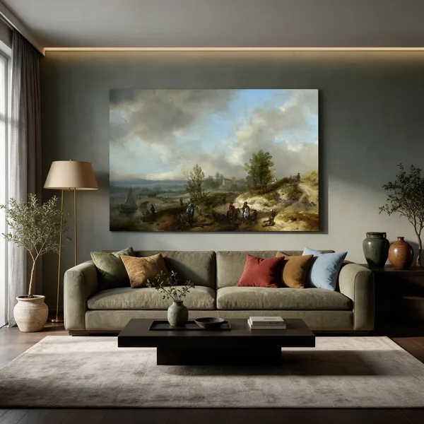 Coastal Dunes with Figures and Sailing Boats canvas in a living room