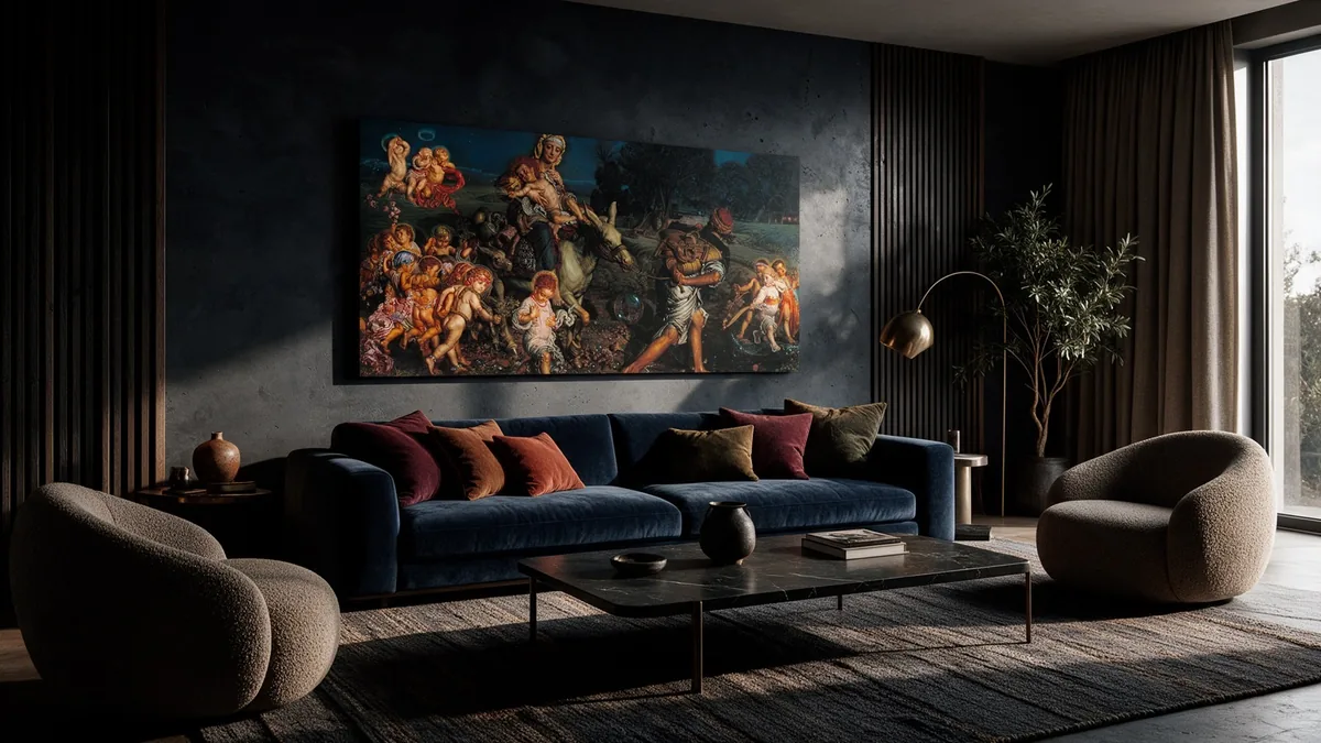 Classical canvas in a dark dramatic living room