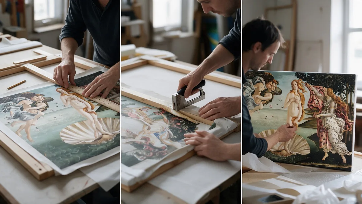 Canvas print being measured, stretched and checked by hand