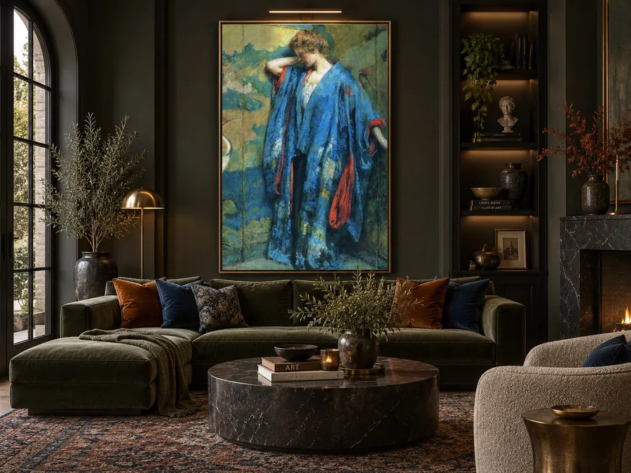 Expressive blue figurative canvas displayed in a dark luxury living room