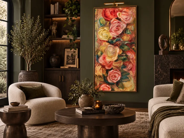 Colourful botanical floral canvas displayed in a dark green living room