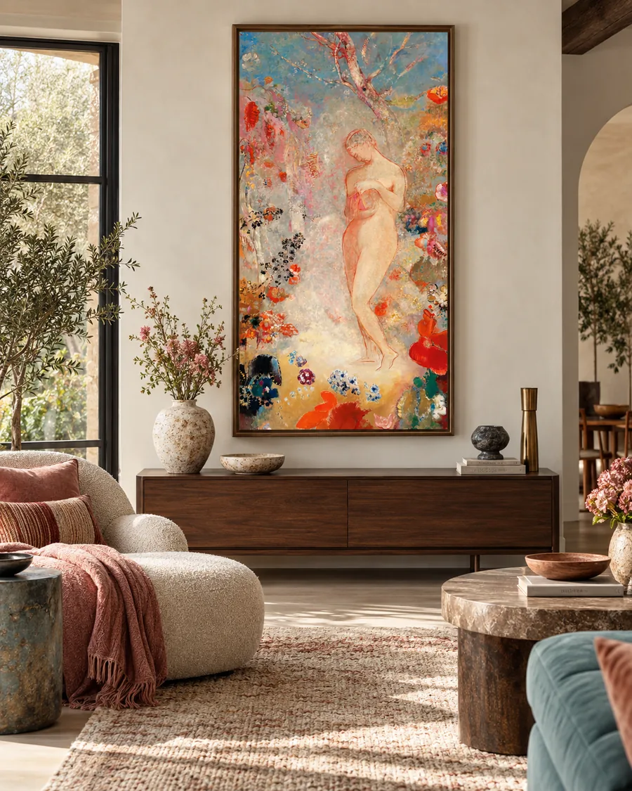 Sunlit living room styled with Saint Sebastian by Odilon Redon
