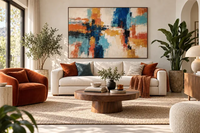 Boho canvas art styled in a colourful living room