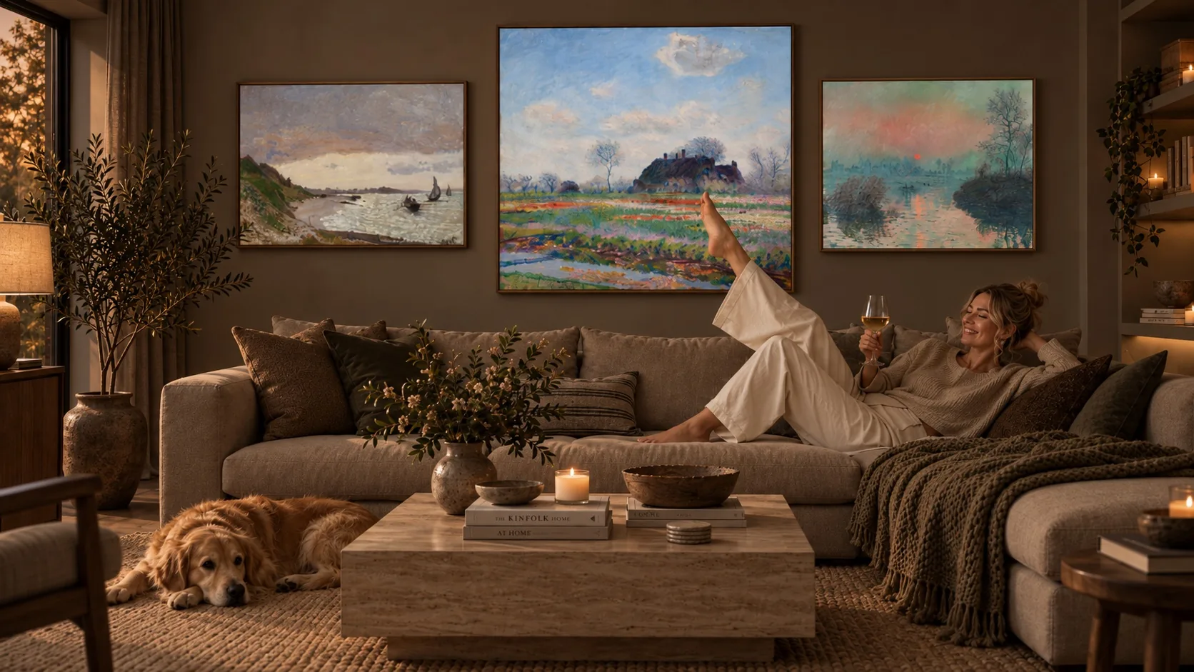 Warm evening living room with three landscape canvases, a relaxed homeowner and a dog