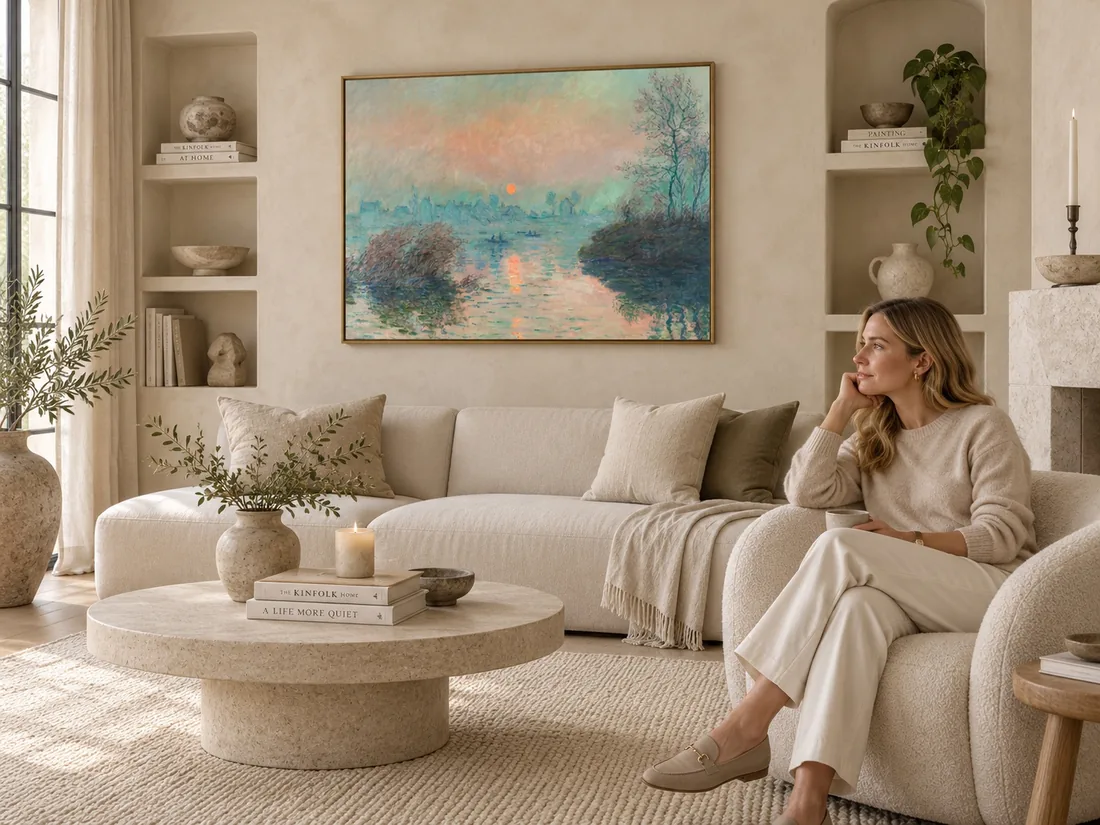 Modern landscape canvas displayed in a warm neutral living room