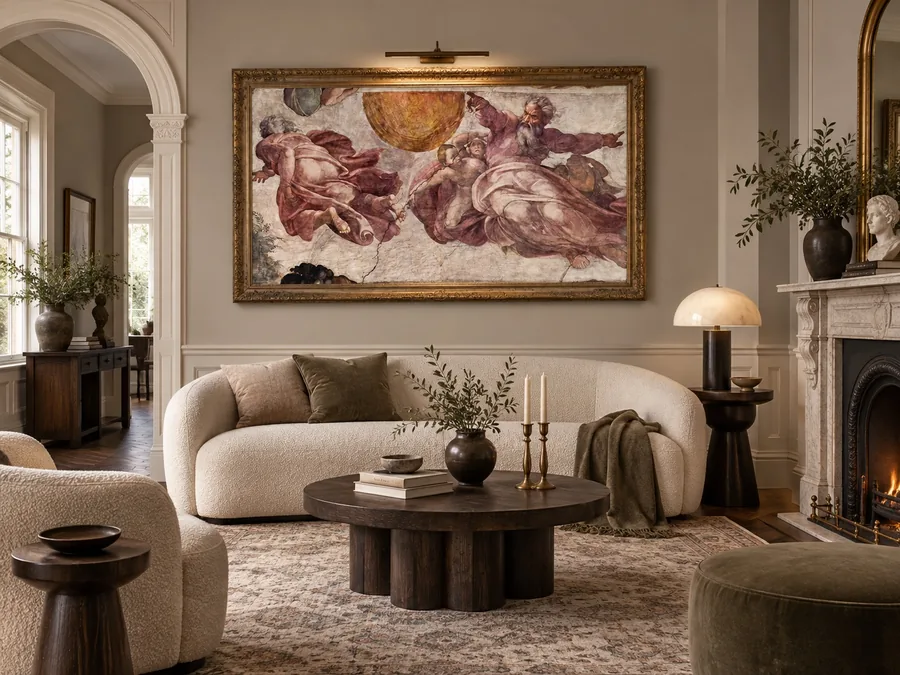 Classical vintage artwork displayed above a curved sofa in an elegant living room
